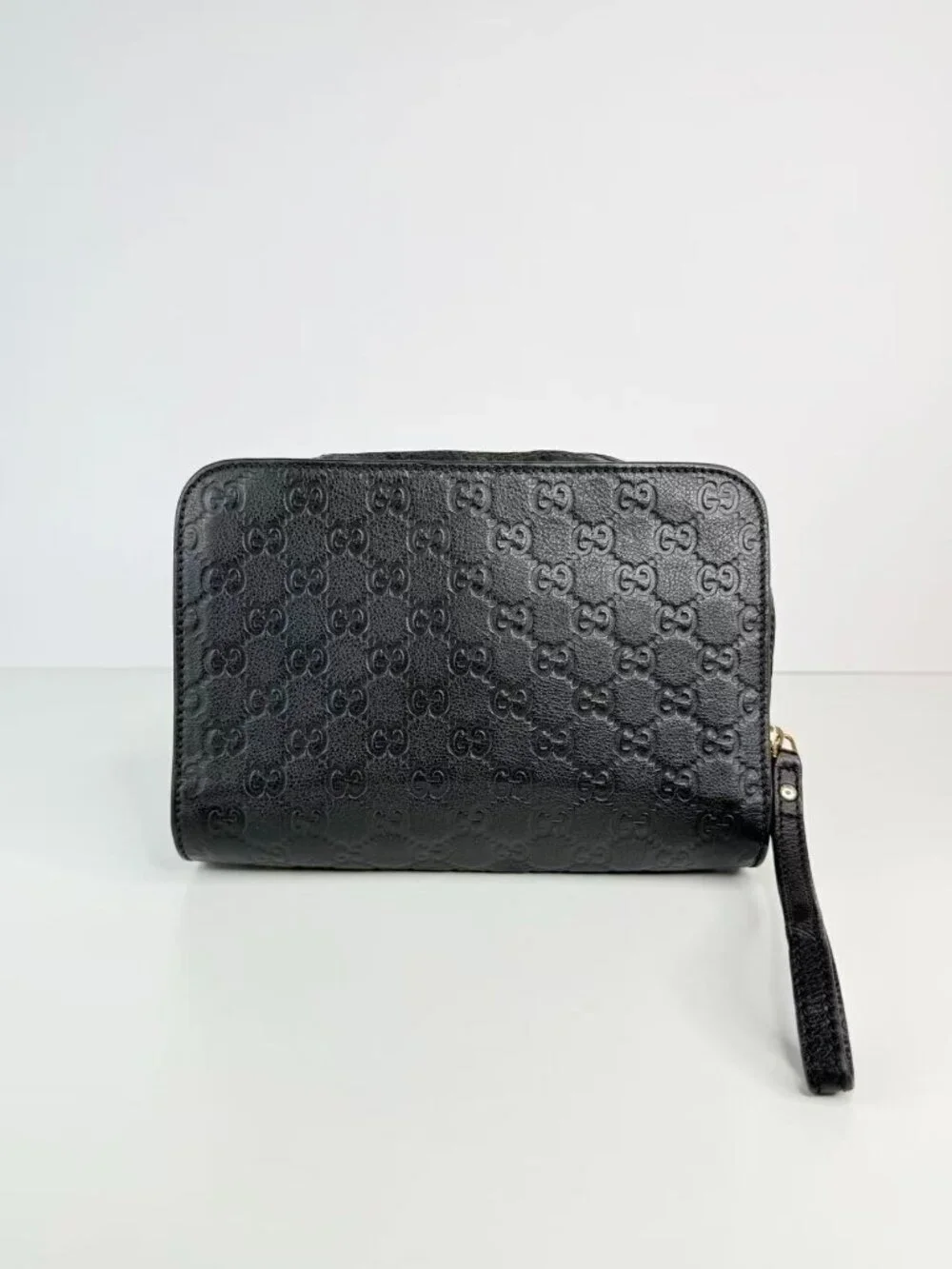 Gucci Signature Black Leather Zip Clutch Travel Organizer Wristlet